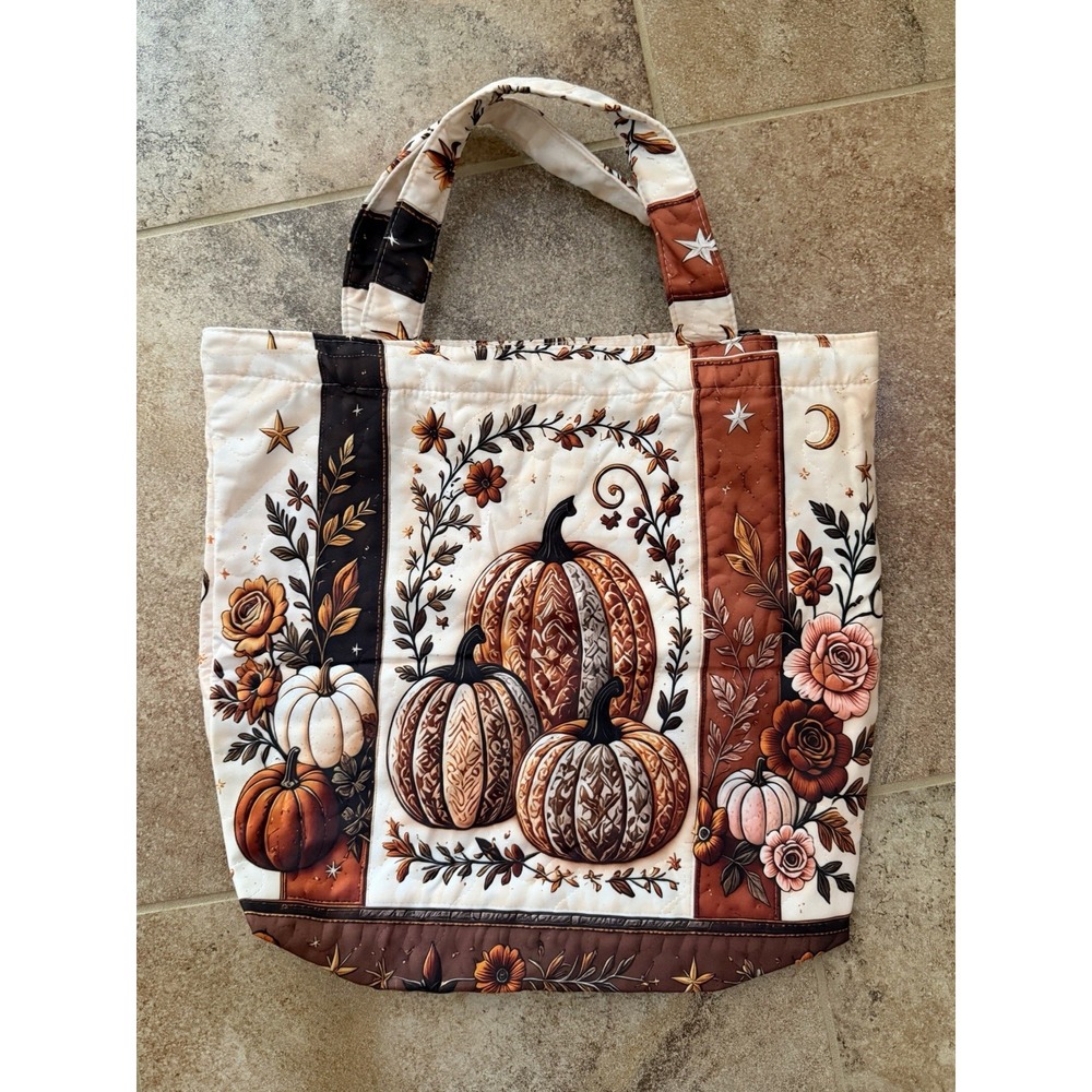 New Autumn Pumpkins and Flowers Quilted Vintage Looking Handmade Style Tote Bag